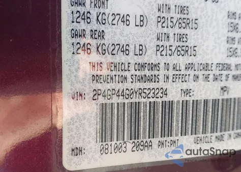 2000 Plymouth Grand Voyager Se from USA, damaged, VIN 2P4GP44G0YR523234